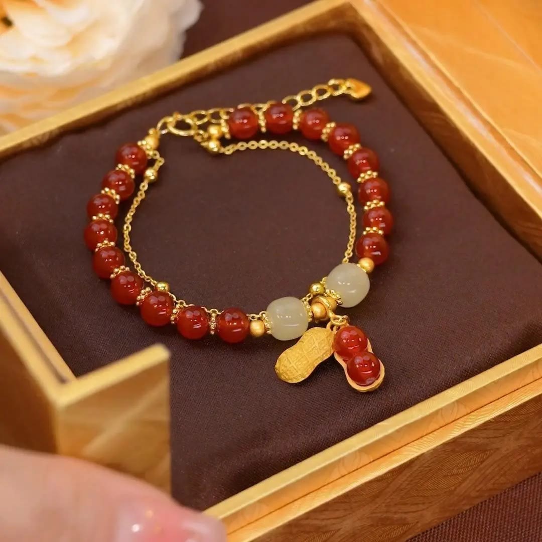 Bracelet de perles porte-bonheur en Buddha Stones, feuille de jade, ginkgo, tulipe, arachide, personnage Fu - Perle rouge et cacahuète - image 19