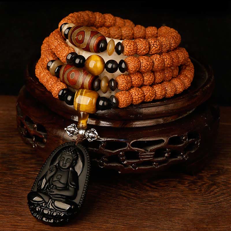 Bracelet tibétain en 108 perles de Mala Rudraksha Bodhi Seed Zodiac chinois Bouddha natal Richesse Charm