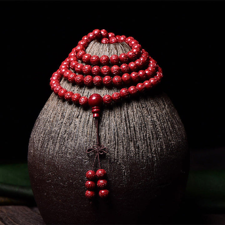 Bracelet de bénédiction gravé avec 108 Buddha Stones de Mala en cinabre et motif Om Mani Padme Hum - image 7