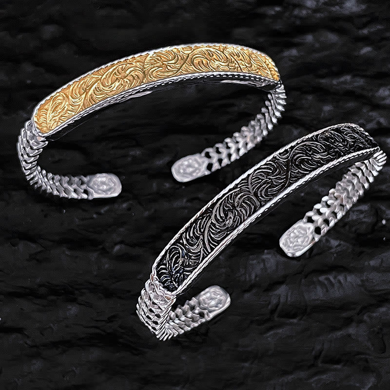 Bracelet manchette porte-bonheur en cuivre gravé avec motif floral de la dynastie Tang et anneau réglable