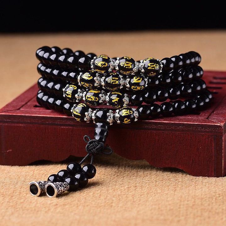 Bracelet Mala de protection en obsidienne noire avec six mots vrais de Buddha Stones