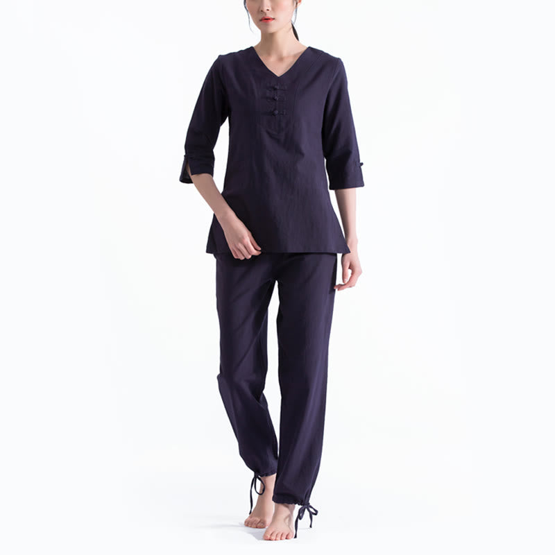 Ensemble de vêtements en coton et lin Buddha Stones , yoga, méditation, prière, col en V, pratique zen, pour femmes - Bleu foncé - US8-10，UK/AU12-14，EU40-42 (2XL) - image 3