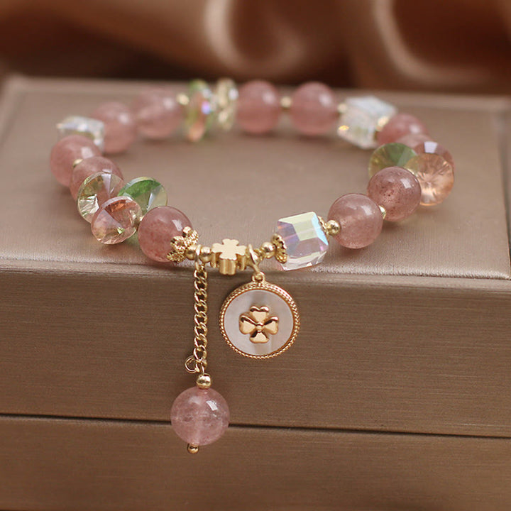 Bracelet porte-bonheur en quartz fraise et trèfle à quatre feuilles avec breloque de guérison et Buddha Stones
