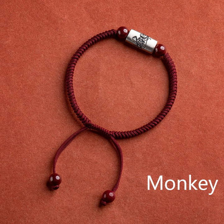 Bracelet en argent Buddha Stones 925 avec 12 signes du zodiaque chinois et cinabre