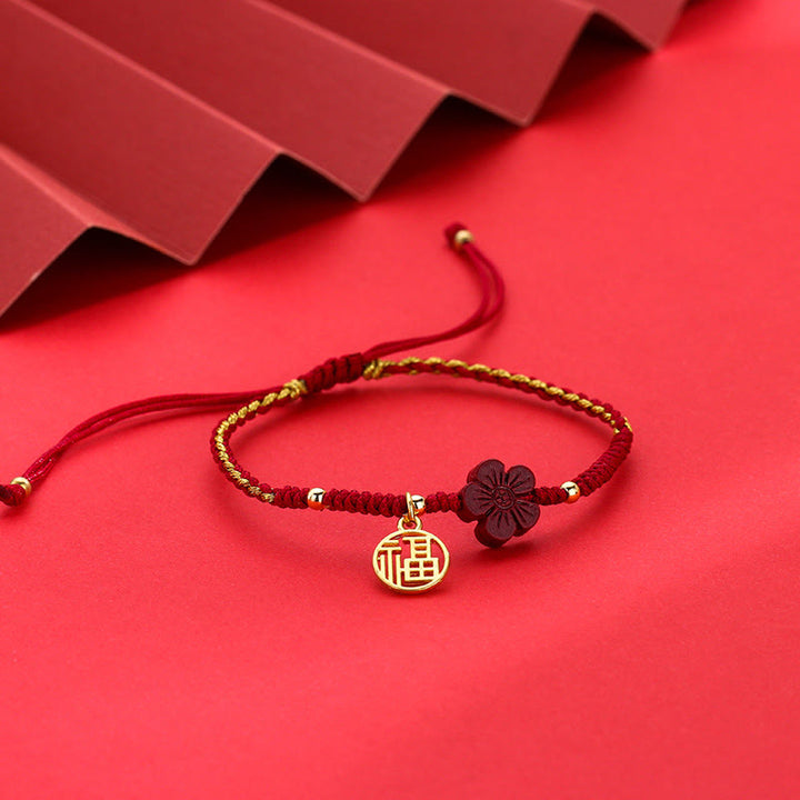 Bracelet tressé Buddha Stones et fleur de cinabre, bénédiction du personnage Fu