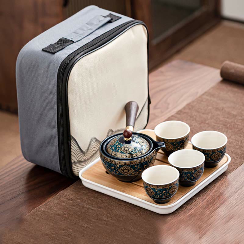 Service à thé chinois Gongfu en Buddha Stones avec théière en céramique et sac cadeau portable
