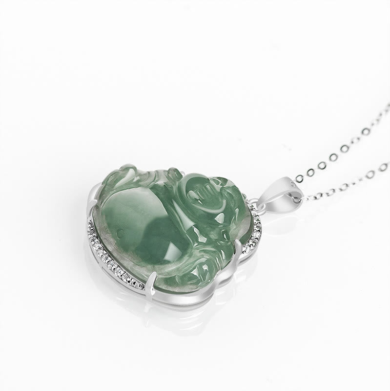 Collier de Buddha Stones en jade naturel, symbole de chance et de prospérité, avec pendentif en acier titane et pierre représentant un Bouddha rieur. - image 3