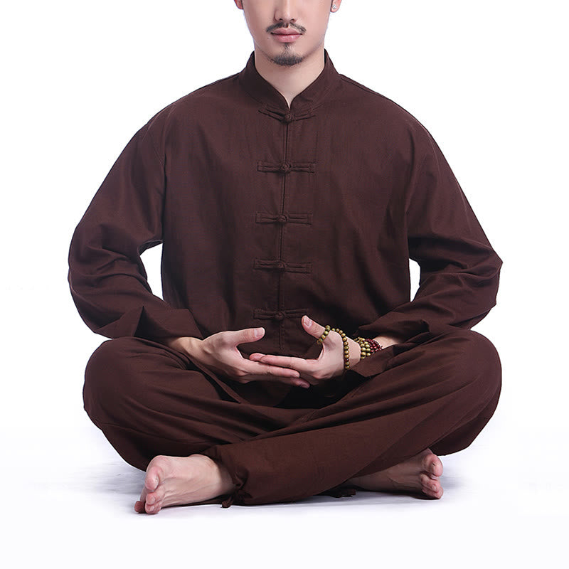 Ensemble pour homme en coton et lin avec boutons en forme de grenouille chinoise et Buddha Stones, méditation, prière, pratique spirituelle zen, yoga - Marron (manches longues) - US/UK/AU44，EU54 (3XL) - image 13
