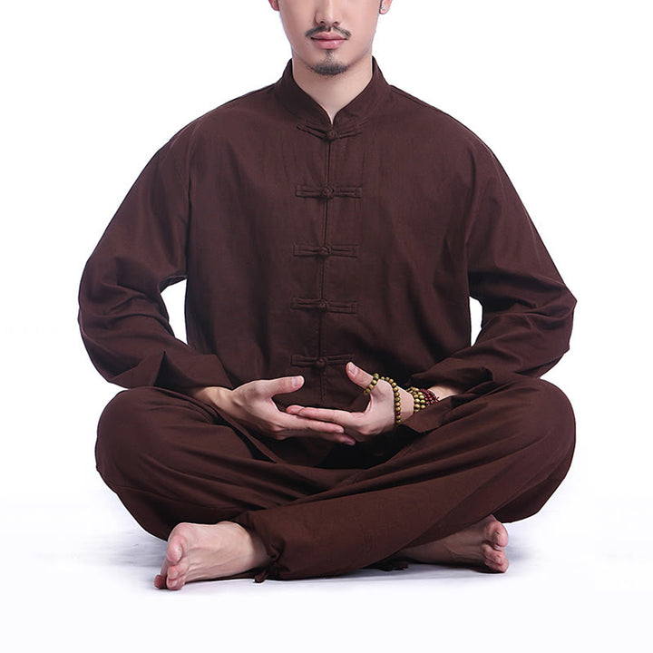 Ensemble pour homme en coton et lin avec boutons en forme de grenouille chinoise et Buddha Stones, méditation, prière, pratique spirituelle zen, yoga - Marron (manches longues) - US/UK/AU44，EU54 (3XL) - image 13
