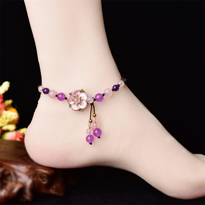 Buddha Stones Bracelet de cheville Améthyste Rose Quartz Crystal Charm Lucky Healing
