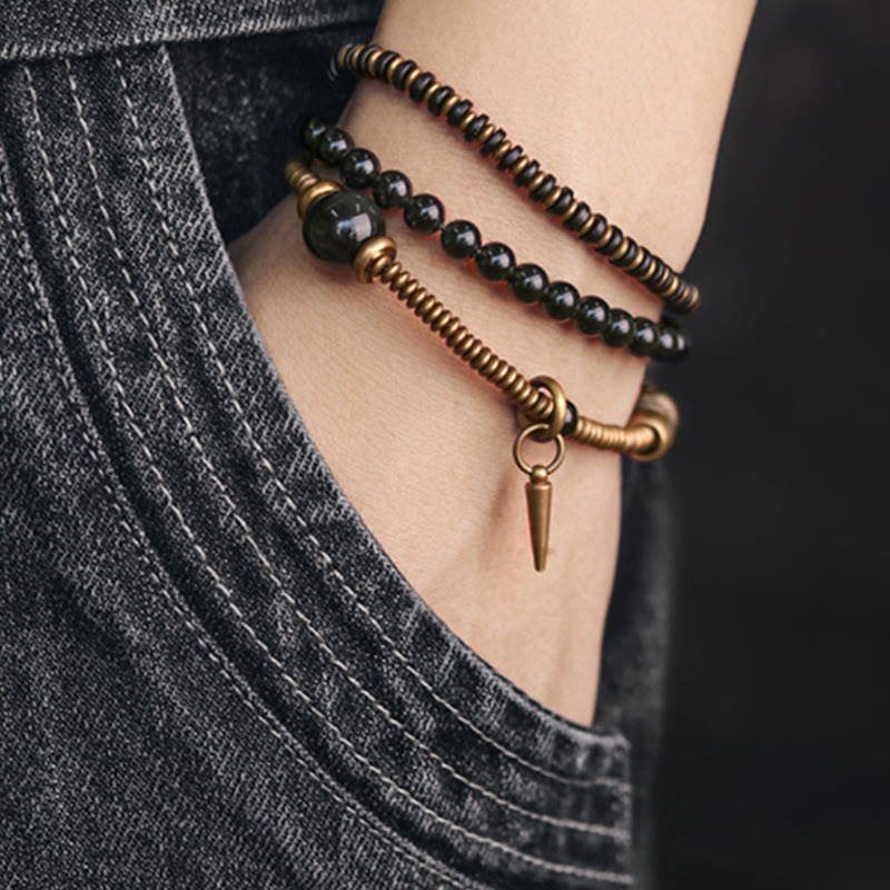 Bracelet triple tour de guérison en cuivre et bois d'ébène avec Buddha Stones arc-en-ciel et obsidienne