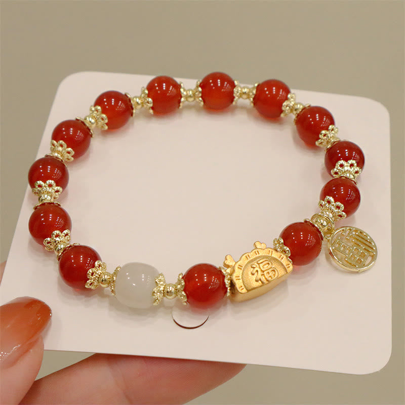 Buddha Stones Année du Dragon Agate Rouge Quartz Fraise Obsidienne Noire Jade Grenat Perle Cinabre Dumpling Dragon Luck Fu Bracelet Caractère - Agate rouge (tour de poignet 14-19 cm) - image 0