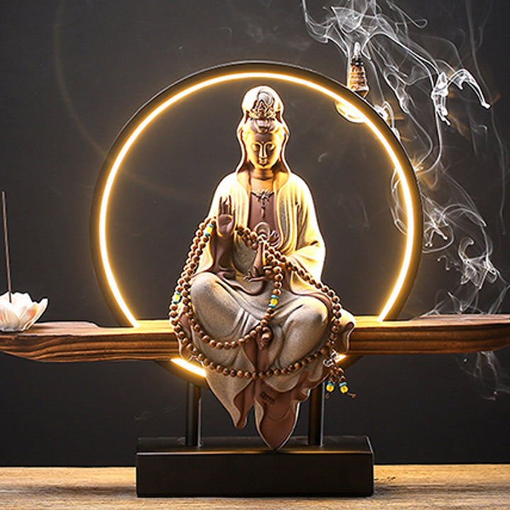Buddha Stones Bouddha Avalokitesvara Céramique Lotus Relaxation Brûleur d'encens Décoration