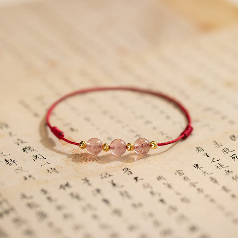 Bracelet de cheville en fil rouge avec perles en cristal de fraise et Buddha Stones