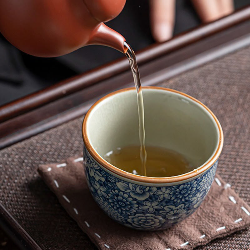 Tasse à thé en céramique motif Buddha Stones Lotus bleu Fleur de pêcher Chrysanthème Tasses à thé Kung Fu