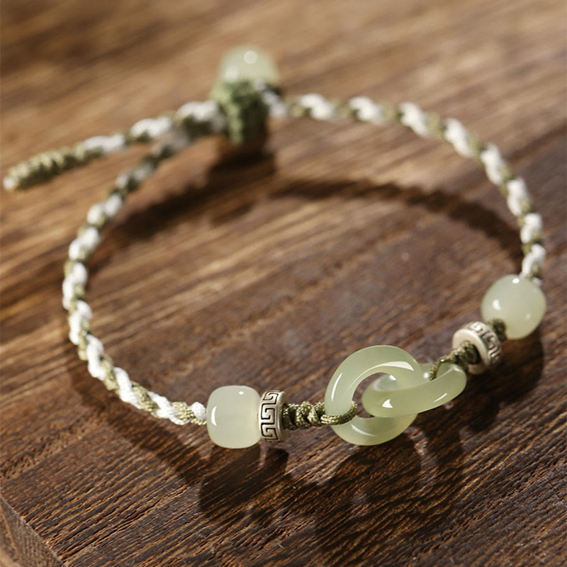 Bracelet tressé avec boucle de paix et porte-bonheur en jade naturel Hetian de Buddha Stones