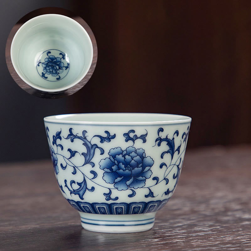 Buddha Stones Paysage bleu Montagnes Lotus Chat mignon Pavillons Magnolia Roseaux Aigrettes Tasse à thé en céramique Petite tasse à thé Kung Fu