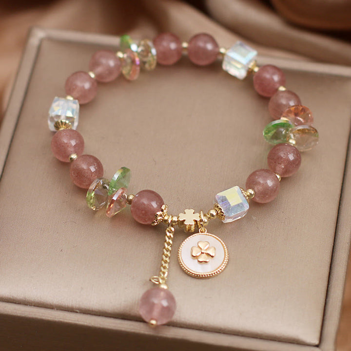 Bracelet porte-bonheur en quartz fraise et trèfle à quatre feuilles avec breloque de guérison et Buddha Stones