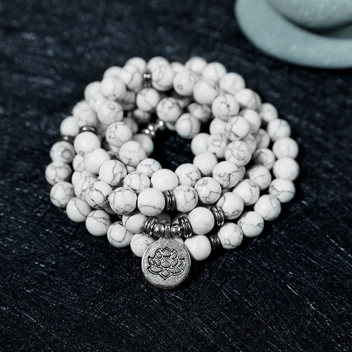 Bracelet Mala de guérison en Buddha Stones et lotus blanc turquoise