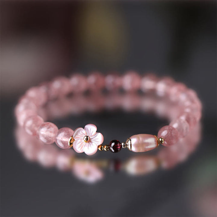 Bracelet d'amour en quartz fraise et fleur de pêcher Buddha Stones
