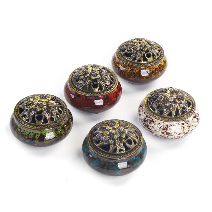 Brûleur d'encens en céramique à motif de fleurs et de Buddha Stones
