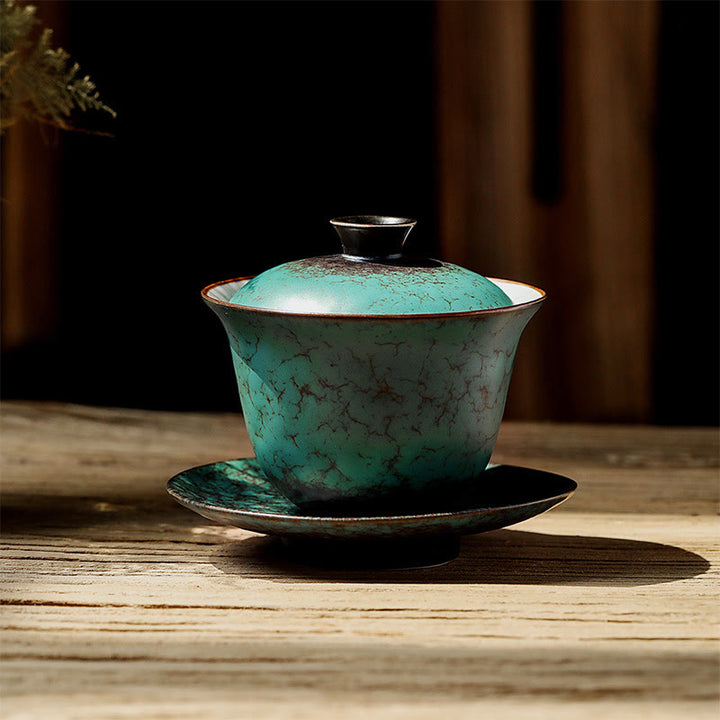 Tasse à thé et soucoupe en céramique émaillée verte rétro Buddha Stones Gaiwan Sancai Tasse à thé Kung Fu et soucoupe avec couvercle