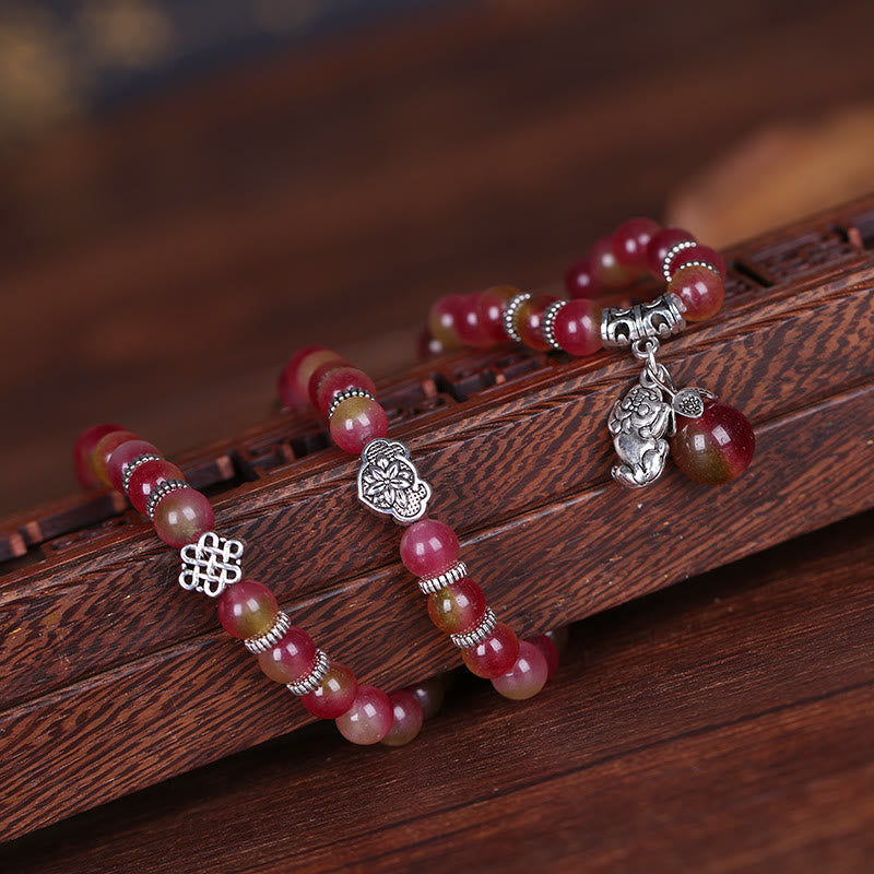 Bracelet triple tour positif en Buddha Stones, tourmaline pastèque naturelle PiXiu Elephant