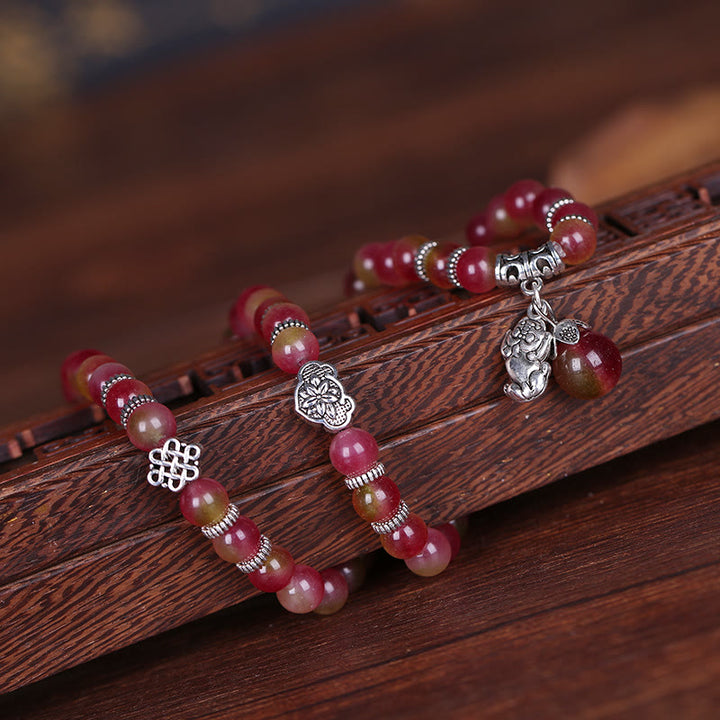 Bracelet triple tour positif en Buddha Stones, tourmaline pastèque naturelle PiXiu Elephant