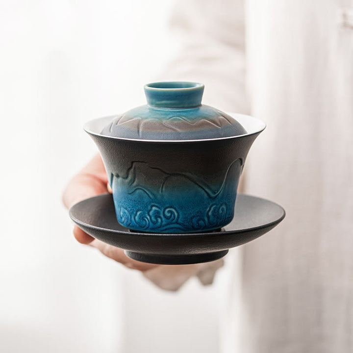 Tasse à thé et soucoupe en céramique avec couvercle en Buddha Stones, style rétro, bleu océan, vagues de la mer, dégradé, Gaiwan, Sancai