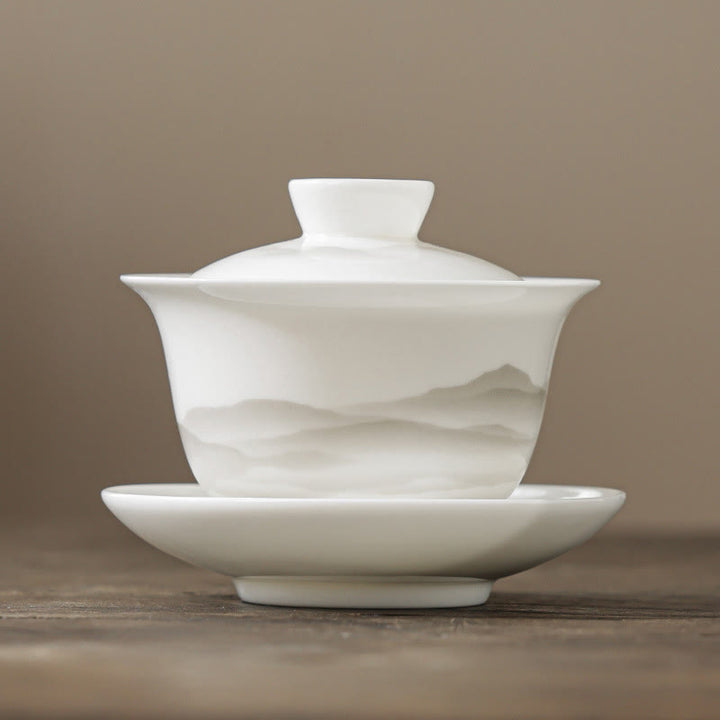 Buddha Stones Peinture à l'encre vintage Montagne Porcelaine blanche Céramique Gaiwan Sancai Tasse à thé Kung Fu Tasse à thé et soucoupe avec couvercle Ustensile à thé Théière