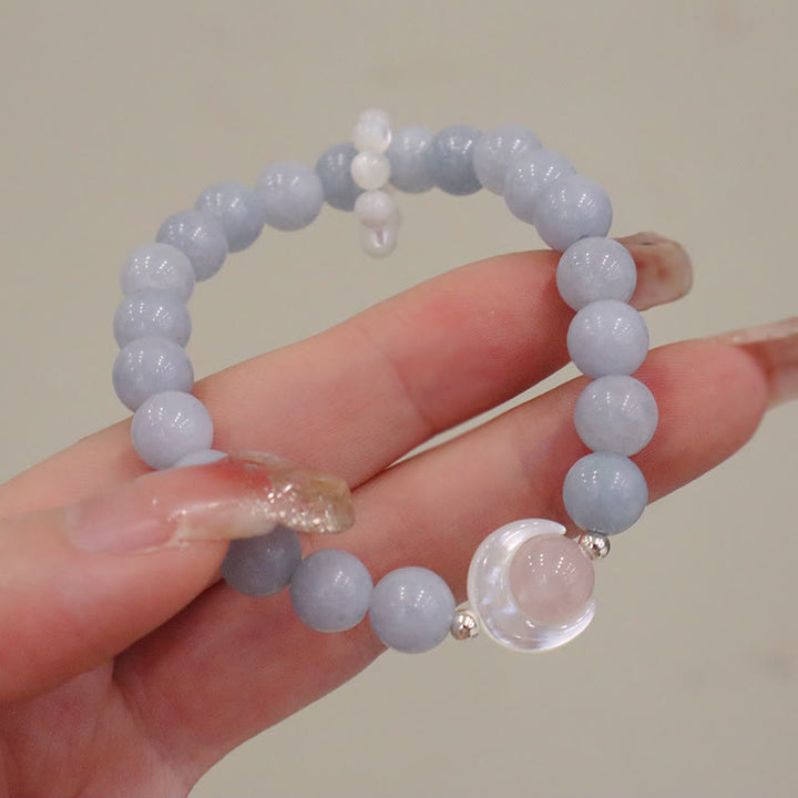 Buddha Stones de guérison en forme de croissant de lune en argent sterling 925 avec améthyste naturelle et aigue-marine en cristal rose œil de chat