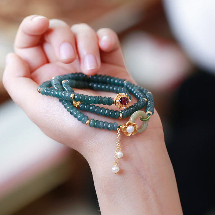 Bracelet triple tour en argent sterling 925 plaqué or avec fleur de jade cyan et boucle de paix Buddha Stones