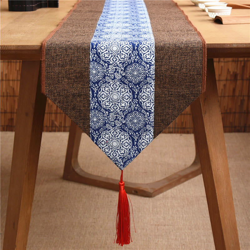 Chemin de table en coton et lin avec pompons, Buddha Stones, style chinois classique, lotus, poisson koï, fleur, grue, calligraphie, illumination