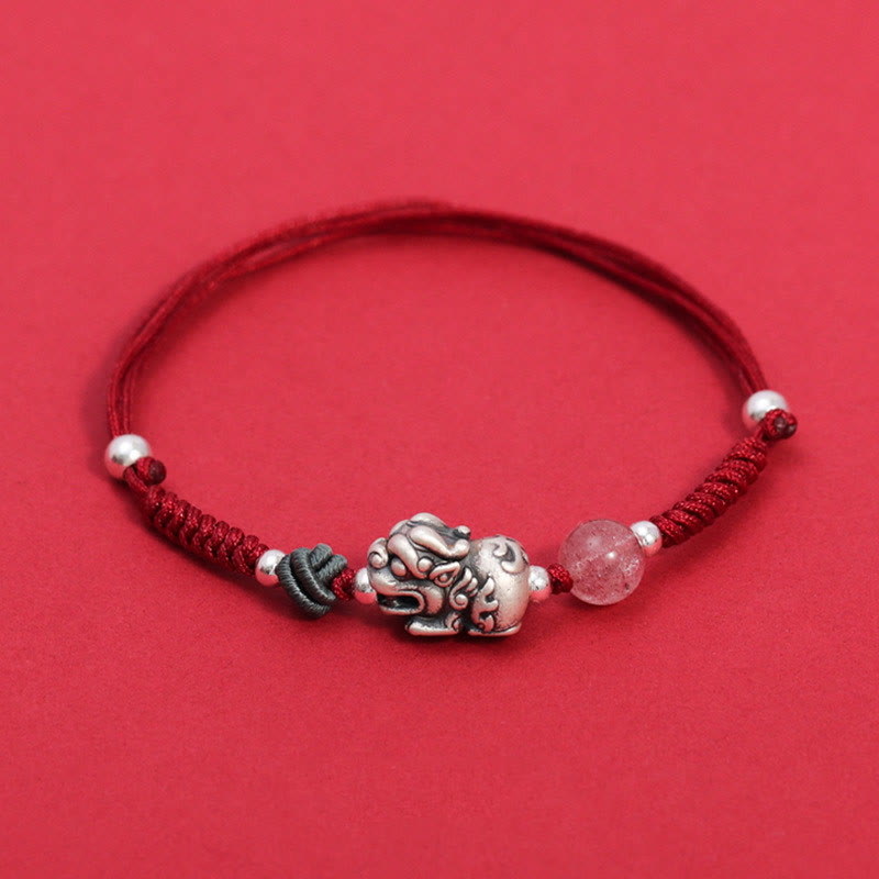 Bracelet tressé en argent sterling 999 avec perles de quartz fraise PiXiu de Buddha Stones pour la richesse et la chance