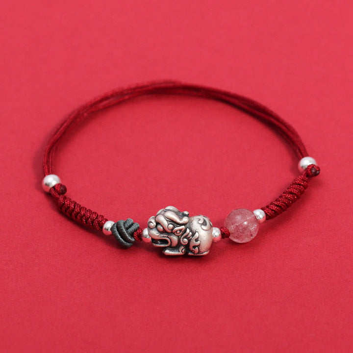 Bracelet tressé en argent sterling 999 avec perles de quartz fraise PiXiu de Buddha Stones pour la richesse et la chance