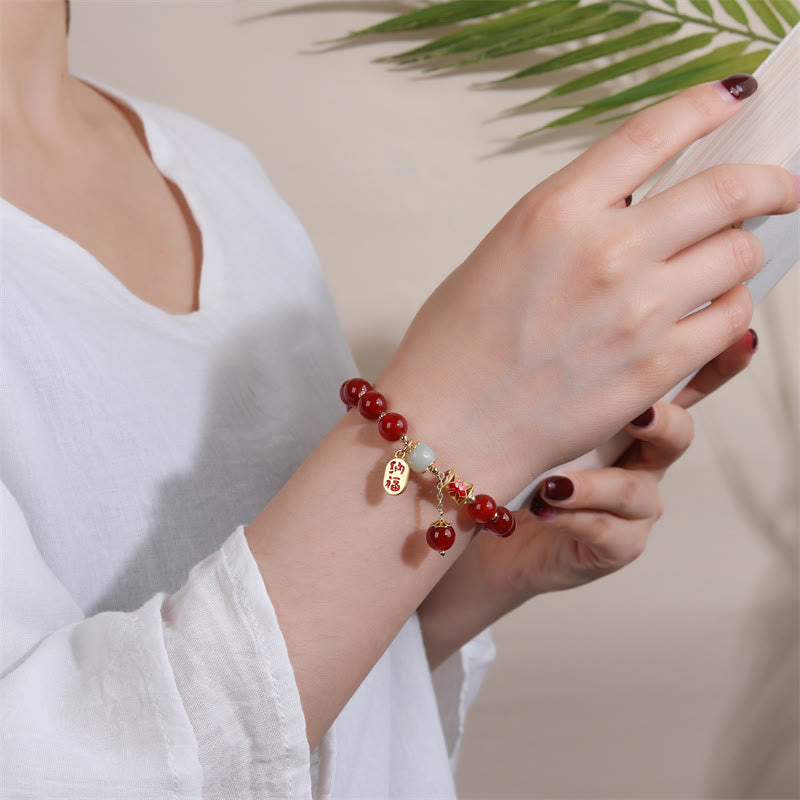 Bracelet porte-bonheur en jade et agate rouge naturelle