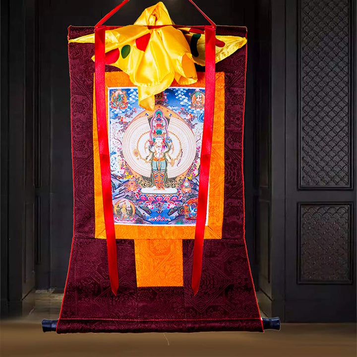 Décoration de bénédiction en forme de Thangka encadrée en Buddha Stones tibétaines à mille mains Avalokitesvara - image 6