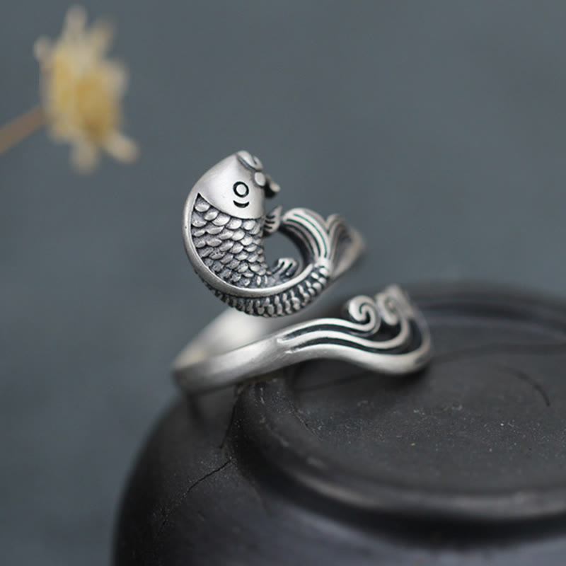 Bague en argent sterling 925 Buddha Stones et poisson koï