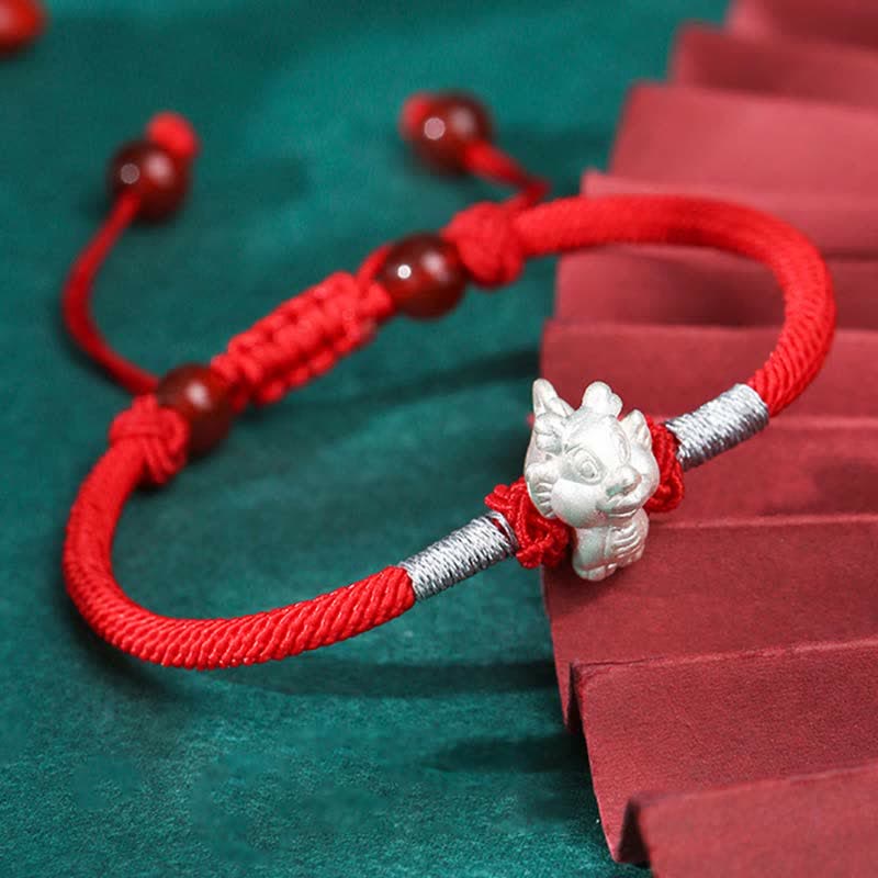 Bracelet en argent sterling 999 avec Buddha Stones et signe du zodiaque chinois, cordon rouge, force et chance