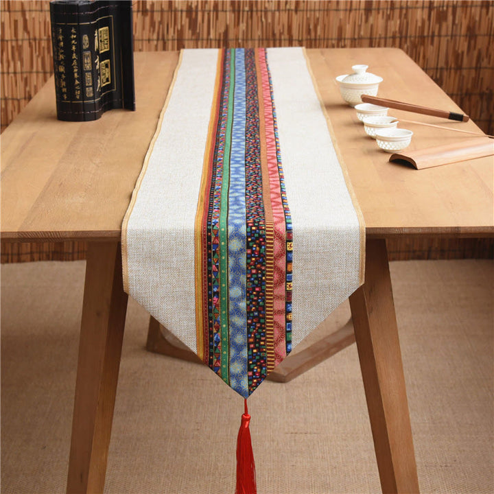 Chemin de table en coton et lin avec pompons, Buddha Stones, style chinois classique, lotus, poisson koï, fleur, grue, calligraphie, illumination