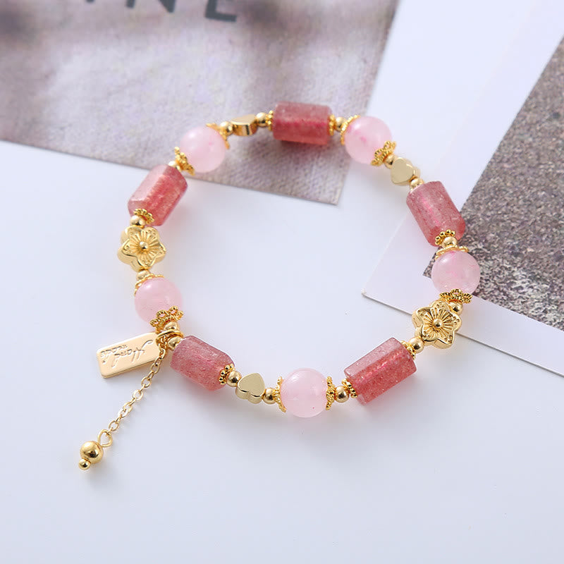 Bracelet positif en cristal rose avec quartz fraise et Buddha Stones, cœur et fleur