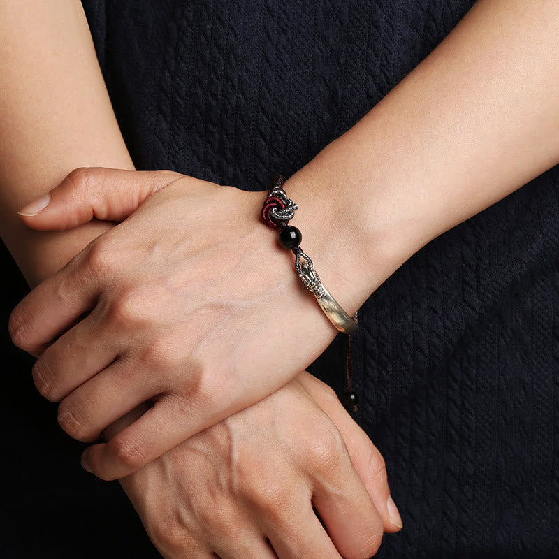 Bracelet tressé artisanal en argent sterling 925 Buddha Stones et dragon porte-bonheur