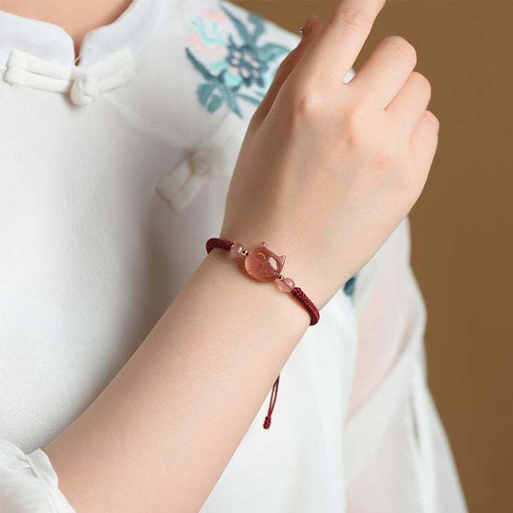 Bracelet tressé fait main en obsidienne naturelle argentée et brillante en quartz fraise avec protection pour chat mignon - image 12