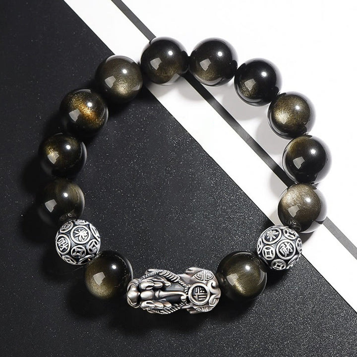Bracelet de protection de richesse PiXiu en obsidienne naturelle dorée et argent sterling 925 Buddha Stones