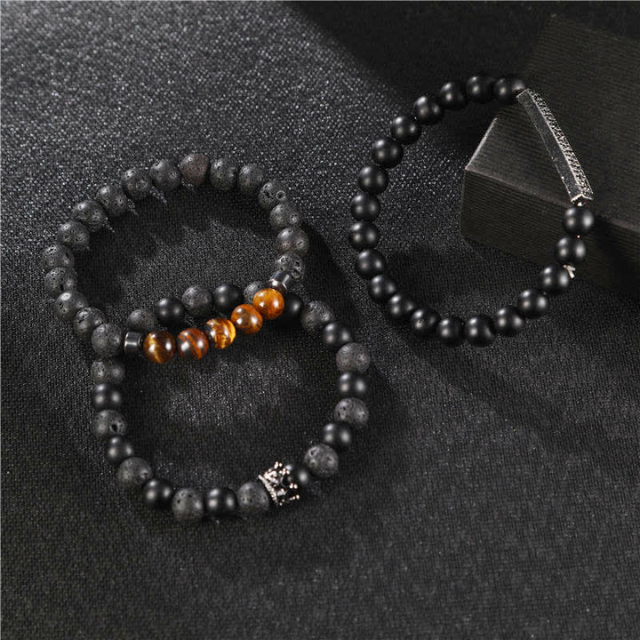 Bracelet d'activation en pierre de lave givrée avec œil de tigre, 3 pièces, Buddha Stones