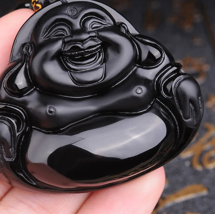 Collier pendentif Bouddha rieur en obsidienne noire transformant Buddha Buddha Stones