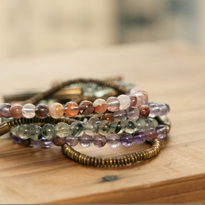 Bracelet en cuivre Love Forgive Buddha Stones quartz hématoïde rouge fantôme violet et quartz rutile vert