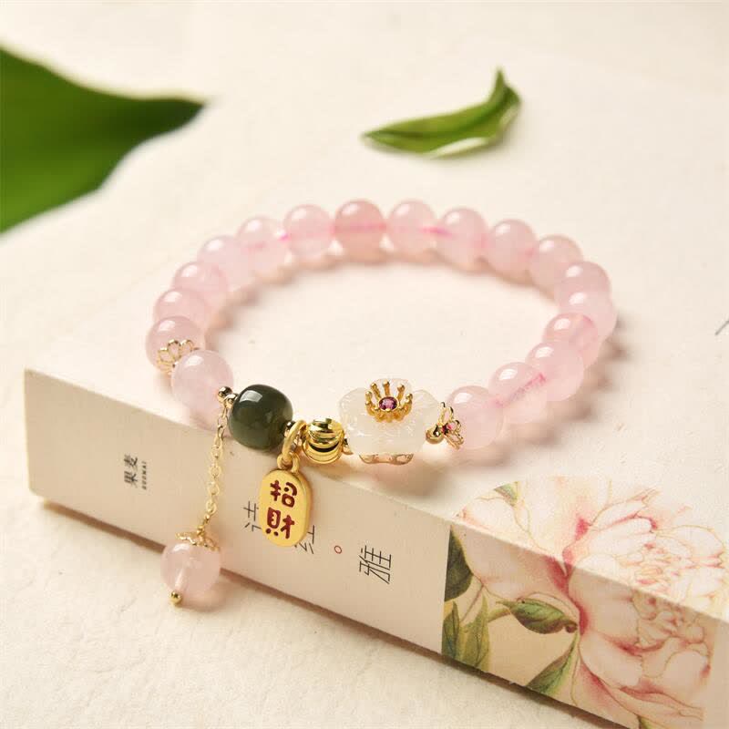 Bracelet d'amour chaleureux en cristal rose naturel avec fleur de jade et Buddha Stones - Cristal rose (Chaleur apaisante ♥) - image 0