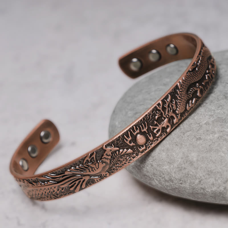 Bracelet manchette magnétique en cuivre massif avec Buddha Stones, dragon et phénix