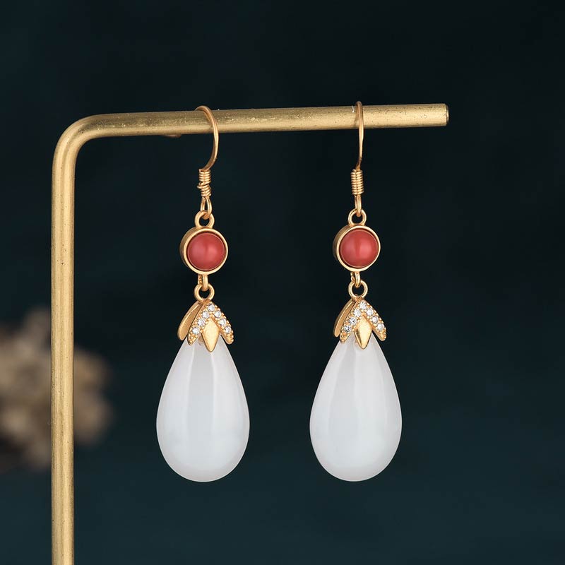 Boucles d'oreilles pendantes porte-bonheur en jade blanc Feng Shui Buddha Stones